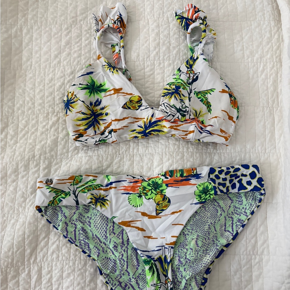 Maaji White Tropical Print Bikini with Green, Blue, Orange Accents